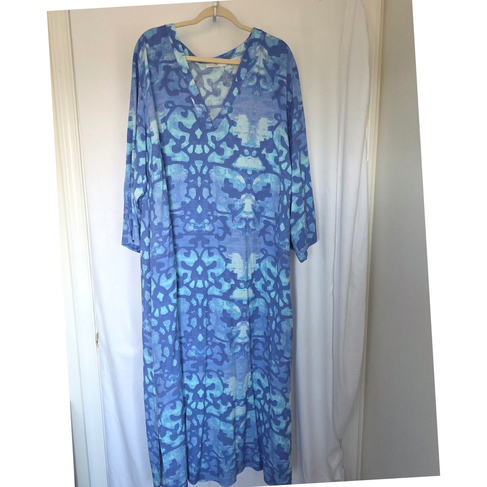Natori Oasis Challis Caftan V-Neck Loungewear Gown Maxi Size 3X Blue Aqua Boho